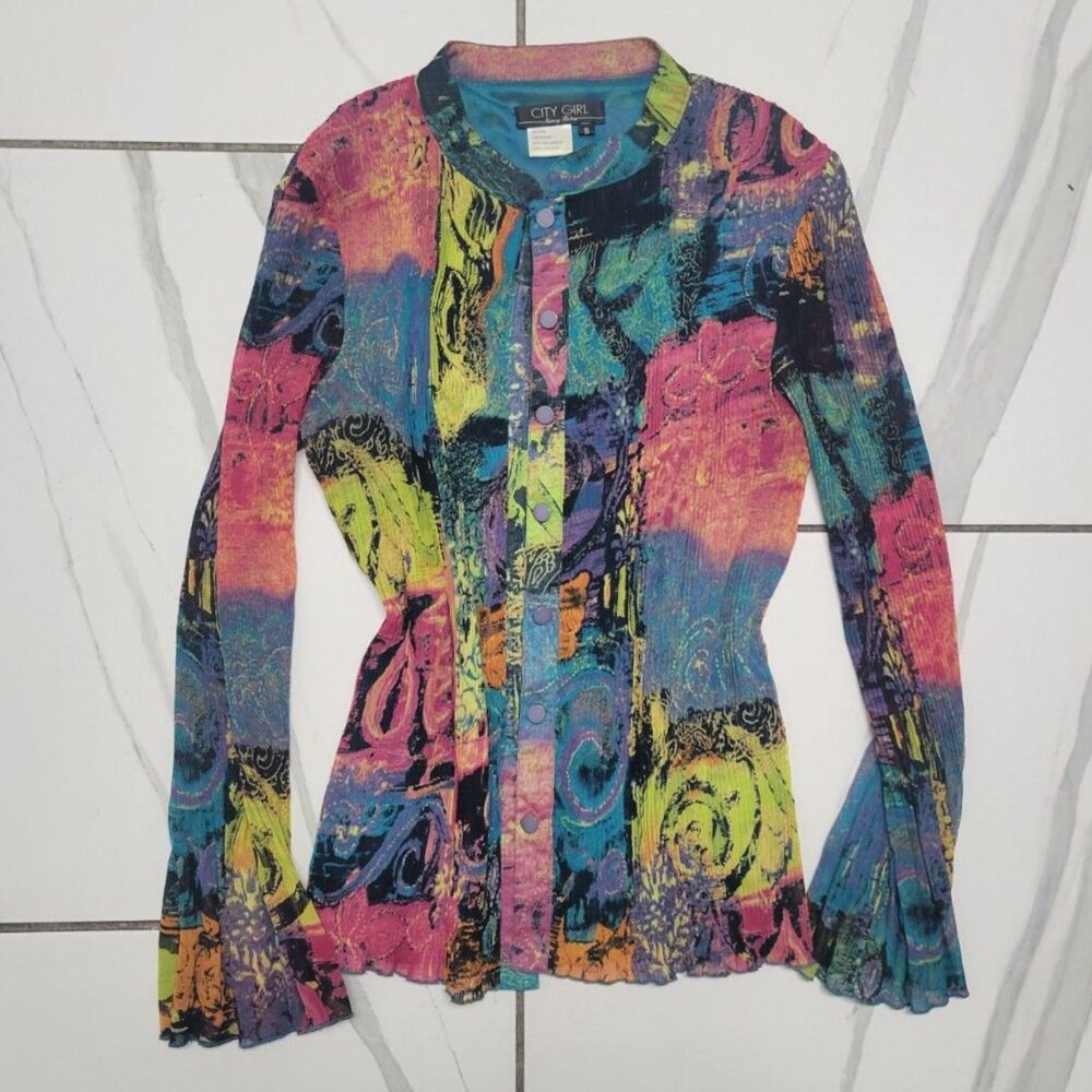 Y2K Abstract Mesh Bell Sleeve Top Colorful Psychedelic Artsy Boho